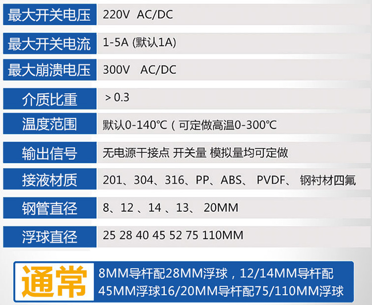 遠傳浮球液位計技術(shù)參數(shù)對照表